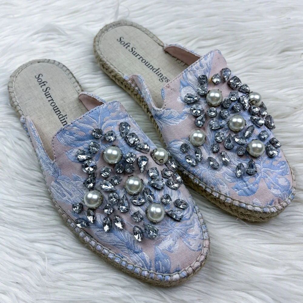 Soft Surroundings Jewel Pearl Floral Jacquard Slip On Mule Espadrilles Pink Blue